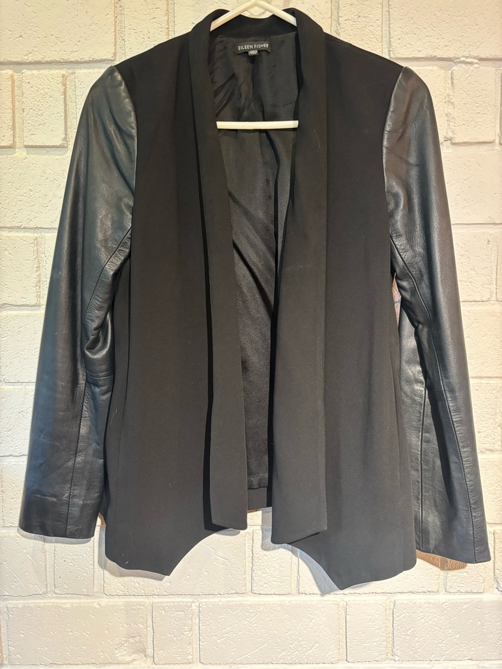 Eileen Fisher Black Draped Open-Front Jacket with Leather Sleeves